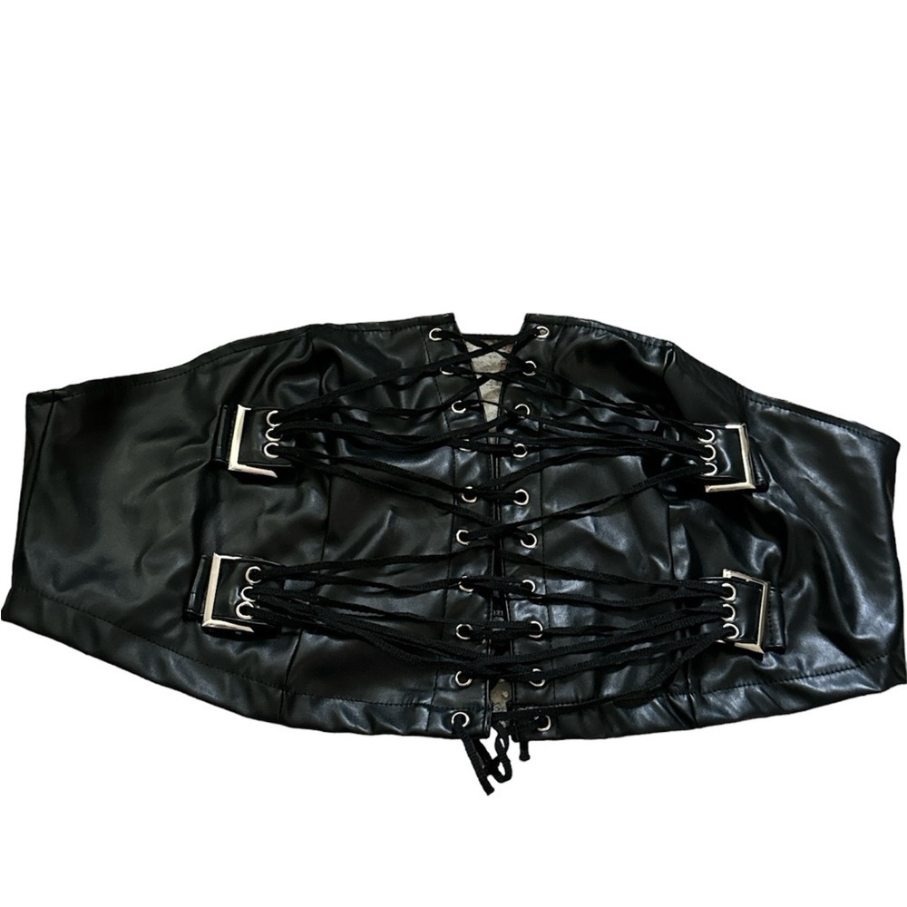 Goth punk lace up waist corset belt faux leather back‎ zipper front laces Sz XXL